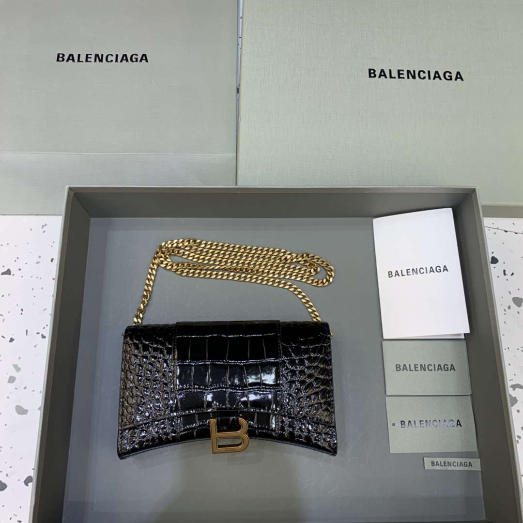 Balenciaga Small Hourglass Wallet With Chain Crocodile Embossed Shoulder Bag Black